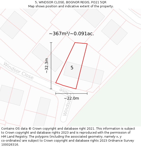 5, WINDSOR CLOSE, BOGNOR REGIS, PO21 5QR: Plot and title map