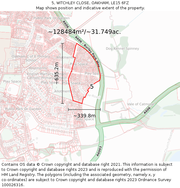 5, WITCHLEY CLOSE, OAKHAM, LE15 6FZ: Plot and title map