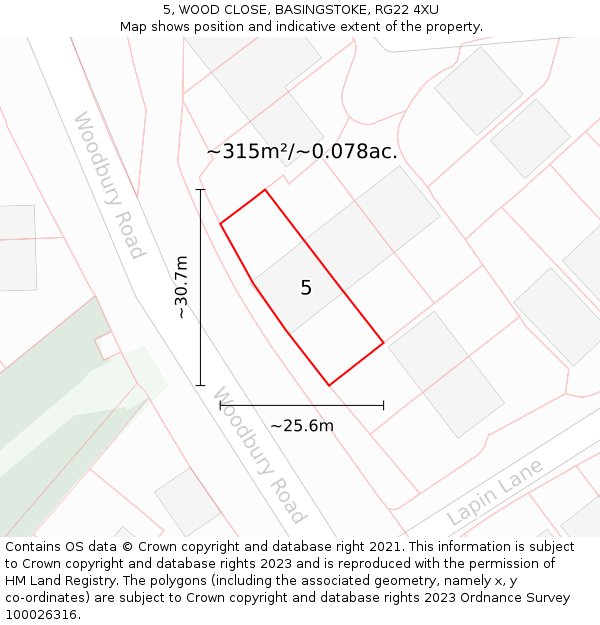 5, WOOD CLOSE, BASINGSTOKE, RG22 4XU: Plot and title map