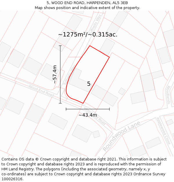 5, WOOD END ROAD, HARPENDEN, AL5 3EB: Plot and title map