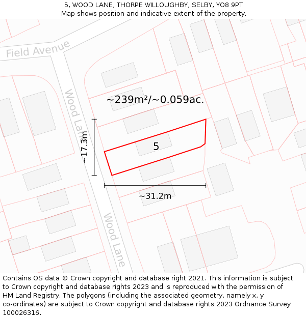 5, WOOD LANE, THORPE WILLOUGHBY, SELBY, YO8 9PT: Plot and title map