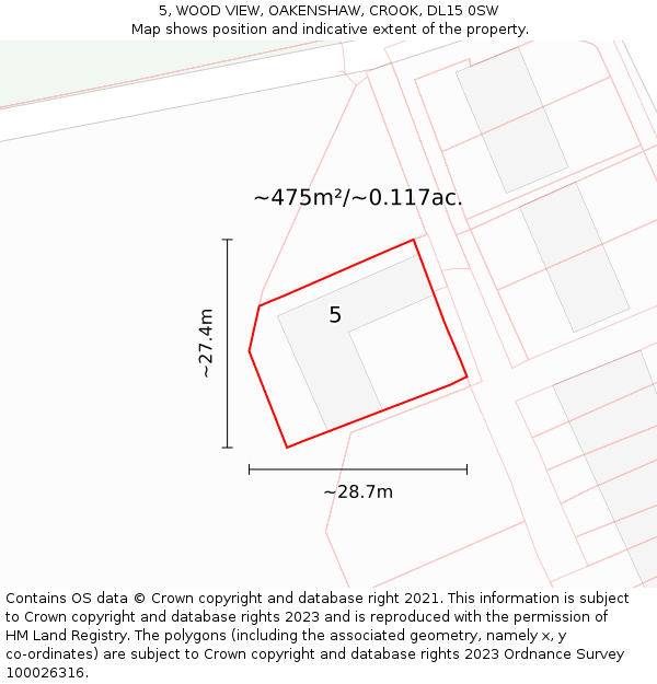 5, WOOD VIEW, OAKENSHAW, CROOK, DL15 0SW: Plot and title map