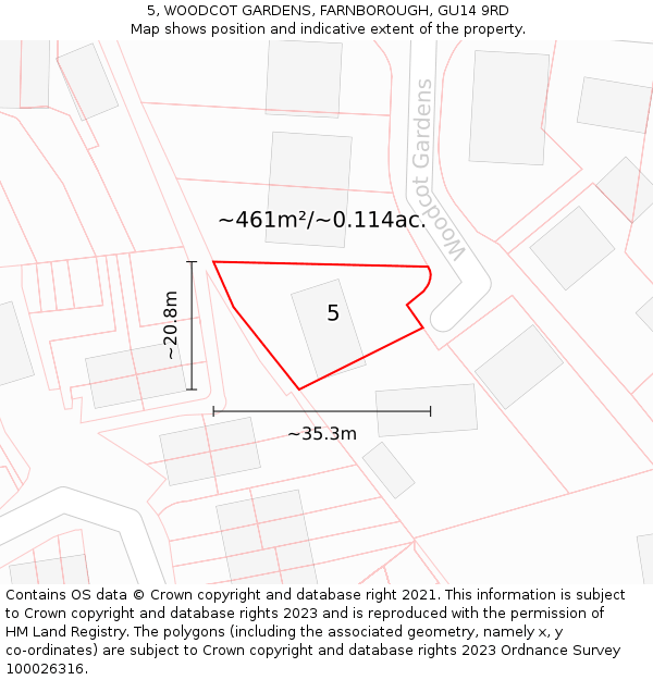 5, WOODCOT GARDENS, FARNBOROUGH, GU14 9RD: Plot and title map