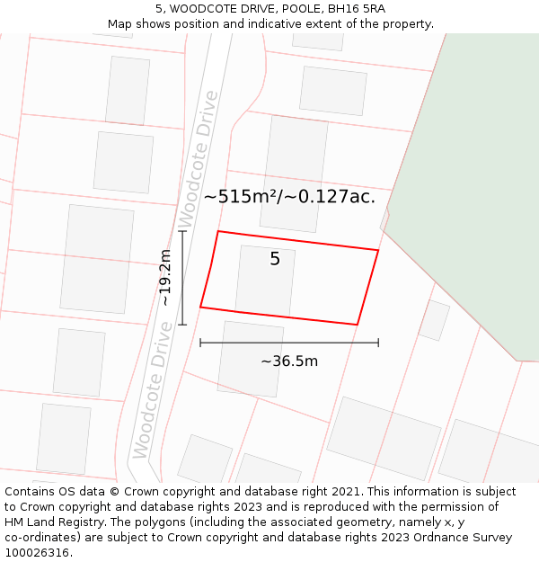 5, WOODCOTE DRIVE, POOLE, BH16 5RA: Plot and title map