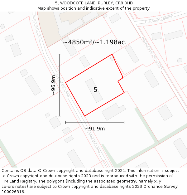 5, WOODCOTE LANE, PURLEY, CR8 3HB: Plot and title map