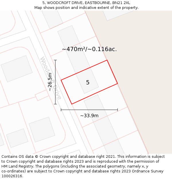 5, WOODCROFT DRIVE, EASTBOURNE, BN21 2XL: Plot and title map