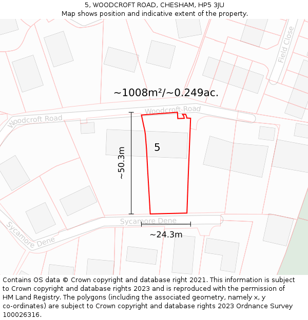 5, WOODCROFT ROAD, CHESHAM, HP5 3JU: Plot and title map