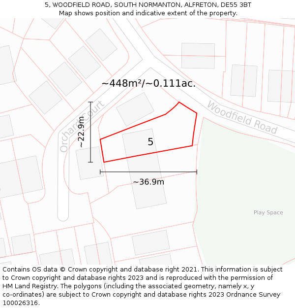 5, WOODFIELD ROAD, SOUTH NORMANTON, ALFRETON, DE55 3BT: Plot and title map