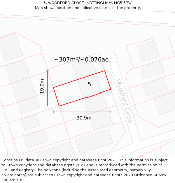 5, WOODFORD CLOSE, NOTTINGHAM, NG5 5BW: Plot and title map