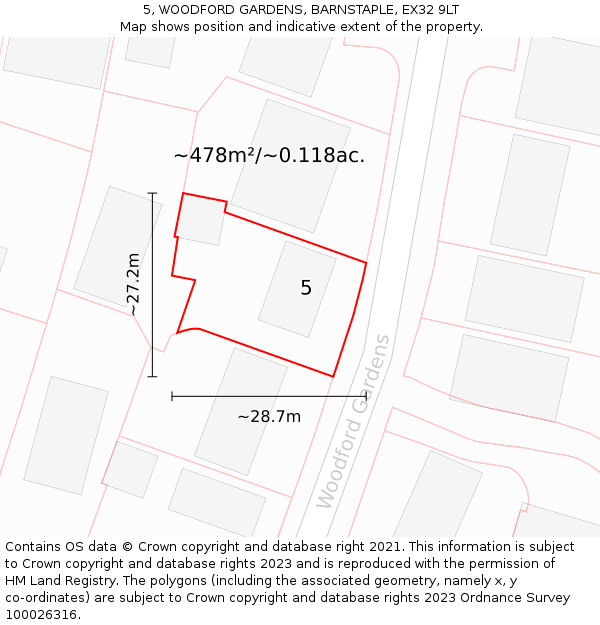 5, WOODFORD GARDENS, BARNSTAPLE, EX32 9LT: Plot and title map