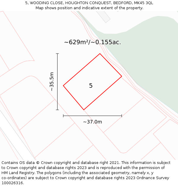 5, WOODING CLOSE, HOUGHTON CONQUEST, BEDFORD, MK45 3QL: Plot and title map