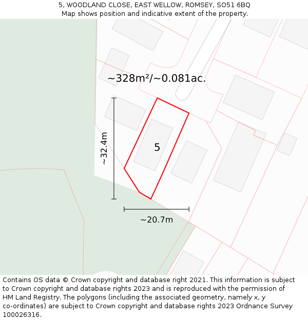 5, WOODLAND CLOSE, EAST WELLOW, ROMSEY, SO51 6BQ: Plot and title map