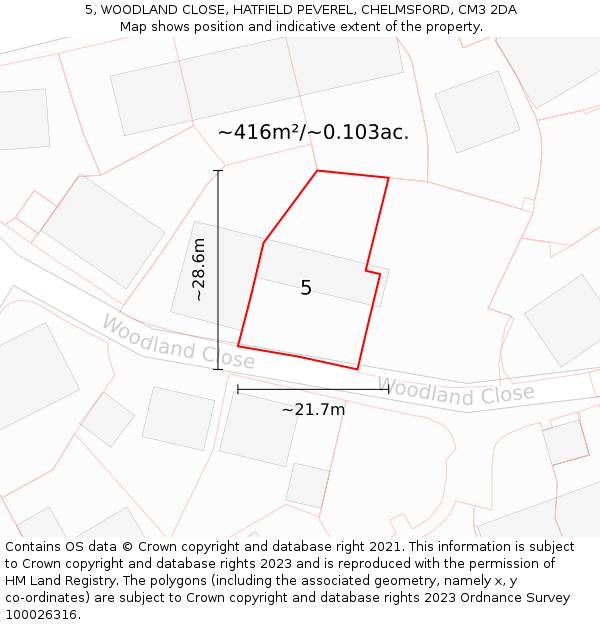 5, WOODLAND CLOSE, HATFIELD PEVEREL, CHELMSFORD, CM3 2DA: Plot and title map