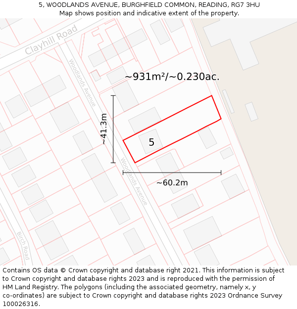 5, WOODLANDS AVENUE, BURGHFIELD COMMON, READING, RG7 3HU: Plot and title map