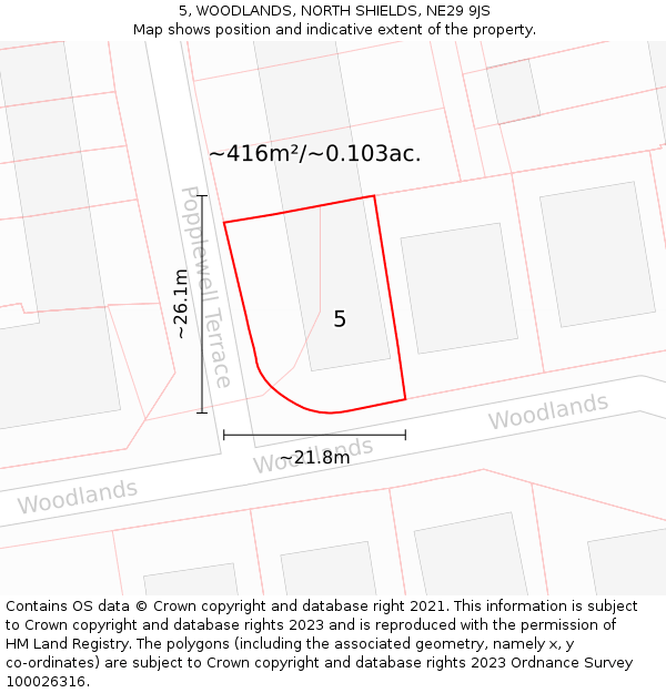 5, WOODLANDS, NORTH SHIELDS, NE29 9JS: Plot and title map