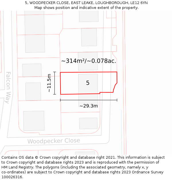 5, WOODPECKER CLOSE, EAST LEAKE, LOUGHBOROUGH, LE12 6YN: Plot and title map