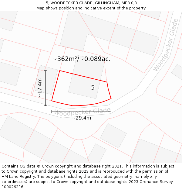 5, WOODPECKER GLADE, GILLINGHAM, ME8 0JR: Plot and title map