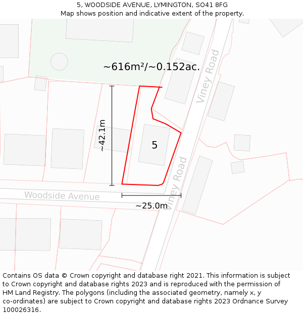 5, WOODSIDE AVENUE, LYMINGTON, SO41 8FG: Plot and title map