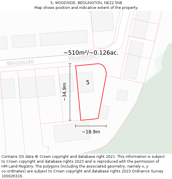 5, WOODSIDE, BEDLINGTON, NE22 5NE: Plot and title map