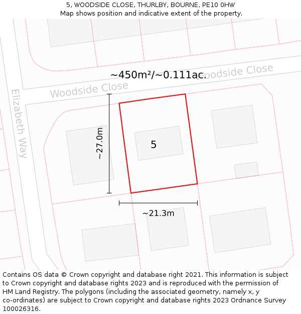 5, WOODSIDE CLOSE, THURLBY, BOURNE, PE10 0HW: Plot and title map