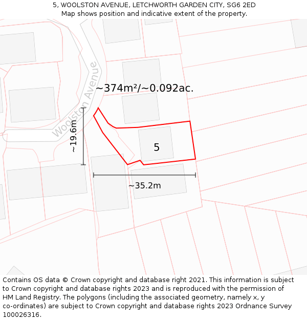 5, WOOLSTON AVENUE, LETCHWORTH GARDEN CITY, SG6 2ED: Plot and title map