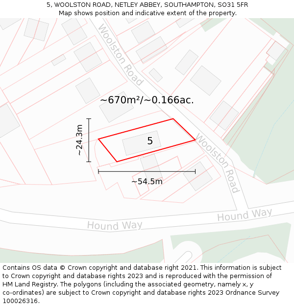 5, WOOLSTON ROAD, NETLEY ABBEY, SOUTHAMPTON, SO31 5FR: Plot and title map
