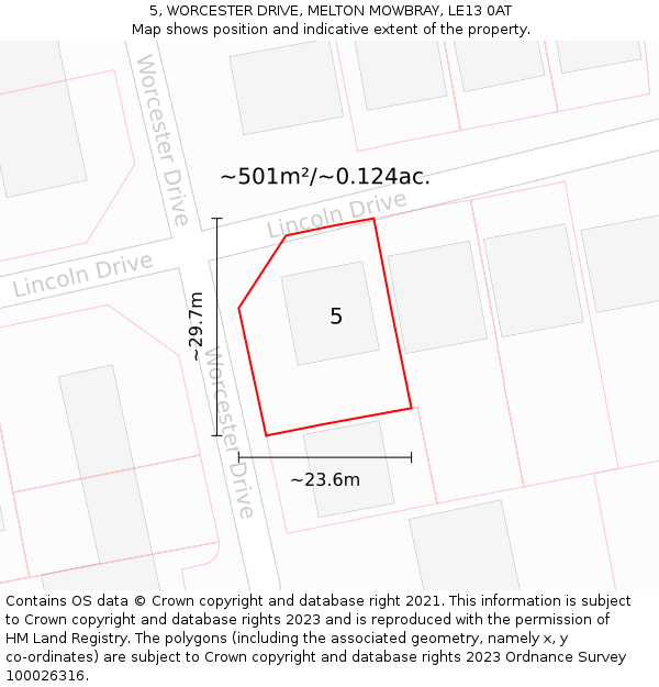 5, WORCESTER DRIVE, MELTON MOWBRAY, LE13 0AT: Plot and title map