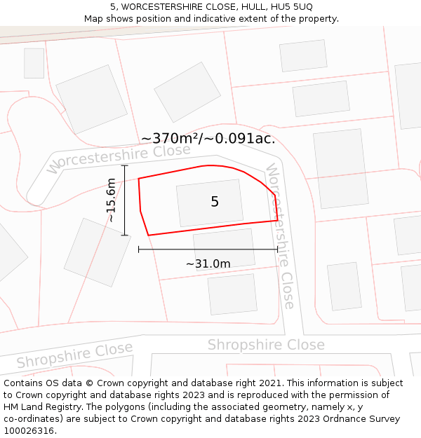 5, WORCESTERSHIRE CLOSE, HULL, HU5 5UQ: Plot and title map