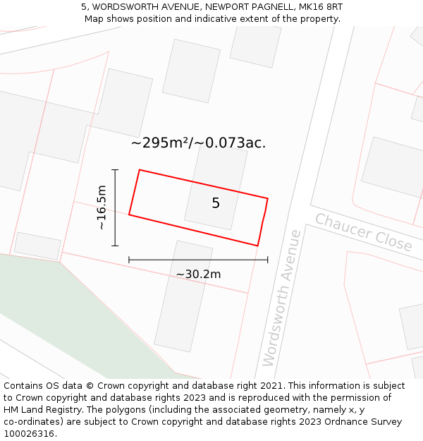 5, WORDSWORTH AVENUE, NEWPORT PAGNELL, MK16 8RT: Plot and title map