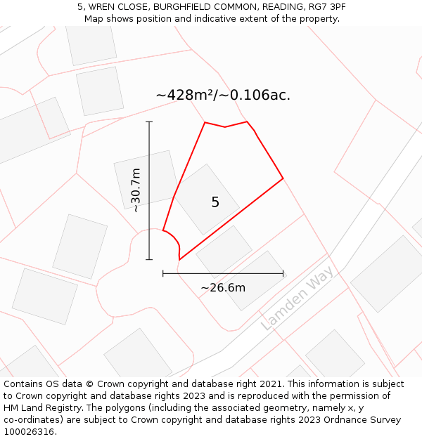 5, WREN CLOSE, BURGHFIELD COMMON, READING, RG7 3PF: Plot and title map