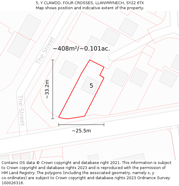 5, Y CLAWDD, FOUR CROSSES, LLANYMYNECH, SY22 6TX: Plot and title map