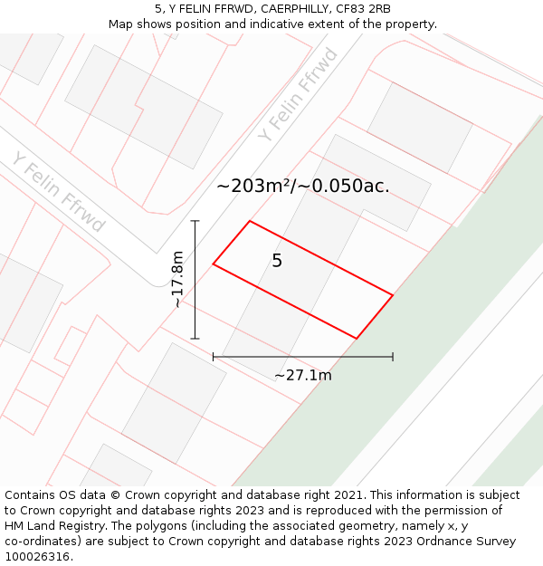 5, Y FELIN FFRWD, CAERPHILLY, CF83 2RB: Plot and title map