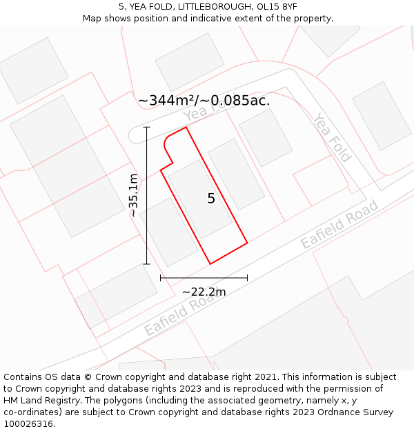 5, YEA FOLD, LITTLEBOROUGH, OL15 8YF: Plot and title map