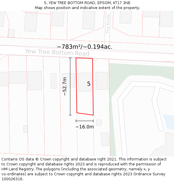 5, YEW TREE BOTTOM ROAD, EPSOM, KT17 3NE: Plot and title map