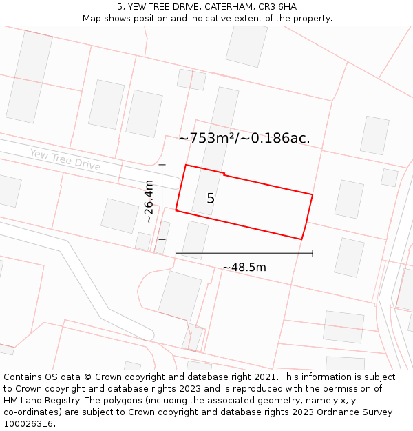 5, YEW TREE DRIVE, CATERHAM, CR3 6HA: Plot and title map