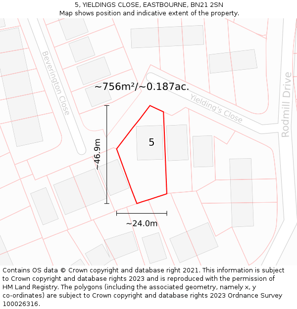 5, YIELDINGS CLOSE, EASTBOURNE, BN21 2SN: Plot and title map