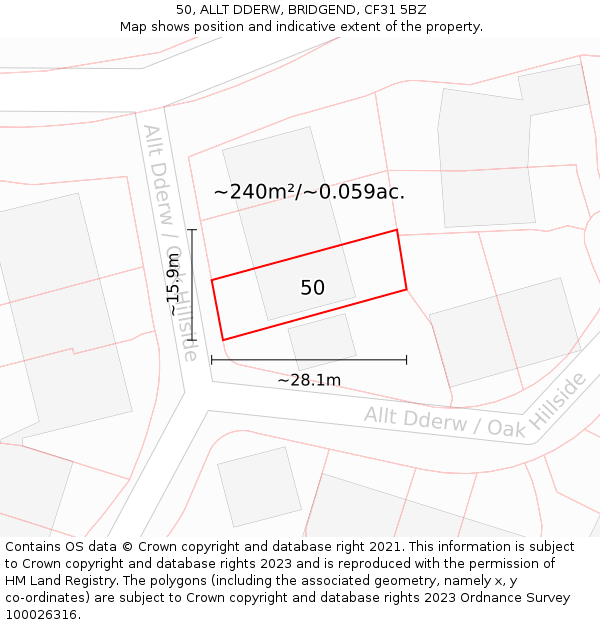 50, ALLT DDERW, BRIDGEND, CF31 5BZ: Plot and title map