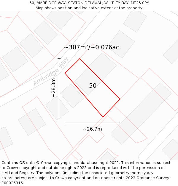 50, AMBRIDGE WAY, SEATON DELAVAL, WHITLEY BAY, NE25 0PY: Plot and title map