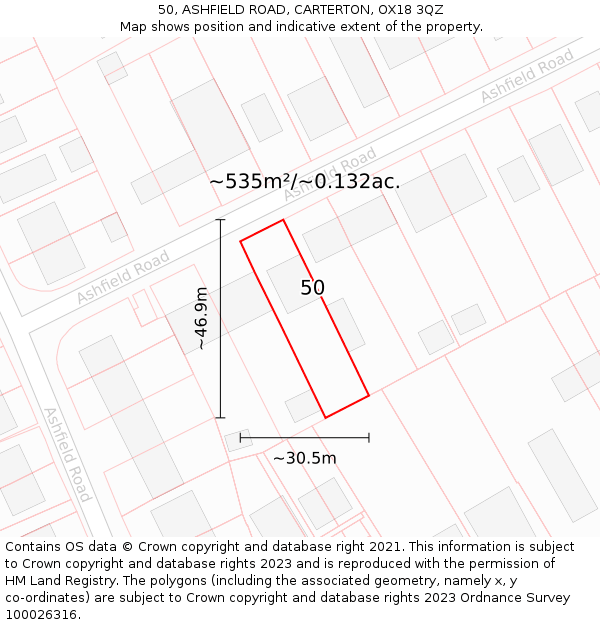 50, ASHFIELD ROAD, CARTERTON, OX18 3QZ: Plot and title map