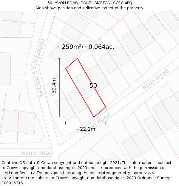 50, AVON ROAD, SOUTHAMPTON, SO18 4FQ: Plot and title map