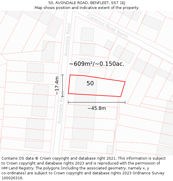 50, AVONDALE ROAD, BENFLEET, SS7 1EJ: Plot and title map