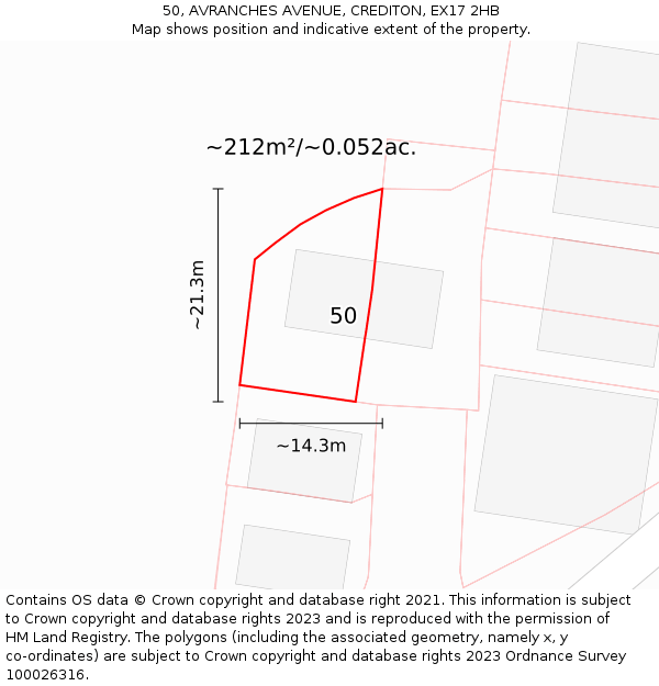 50, AVRANCHES AVENUE, CREDITON, EX17 2HB: Plot and title map