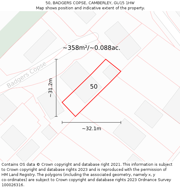 50, BADGERS COPSE, CAMBERLEY, GU15 1HW: Plot and title map