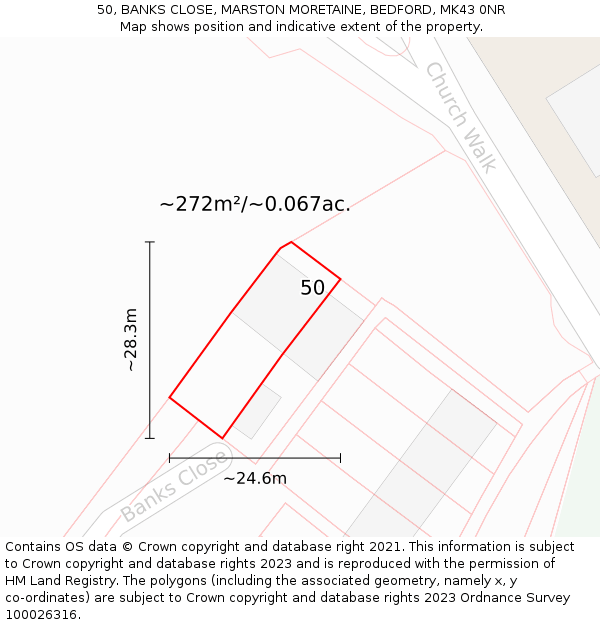 50, BANKS CLOSE, MARSTON MORETAINE, BEDFORD, MK43 0NR: Plot and title map