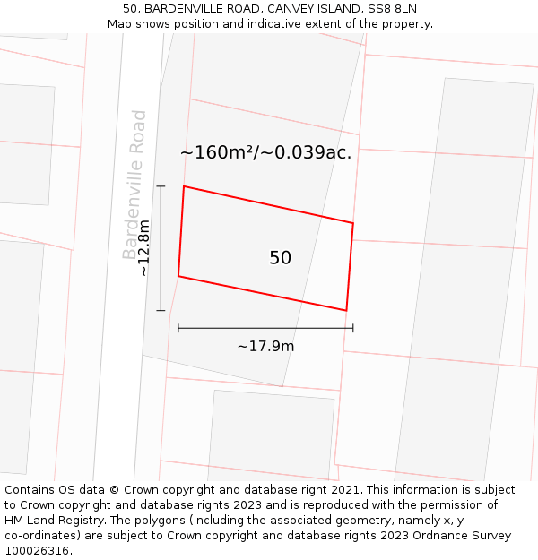 50, BARDENVILLE ROAD, CANVEY ISLAND, SS8 8LN: Plot and title map