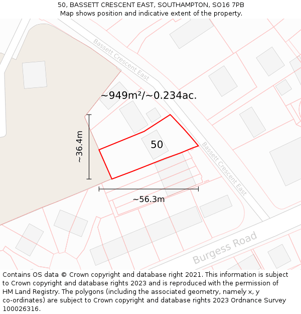 50, BASSETT CRESCENT EAST, SOUTHAMPTON, SO16 7PB: Plot and title map