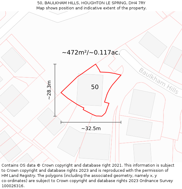 50, BAULKHAM HILLS, HOUGHTON LE SPRING, DH4 7RY: Plot and title map