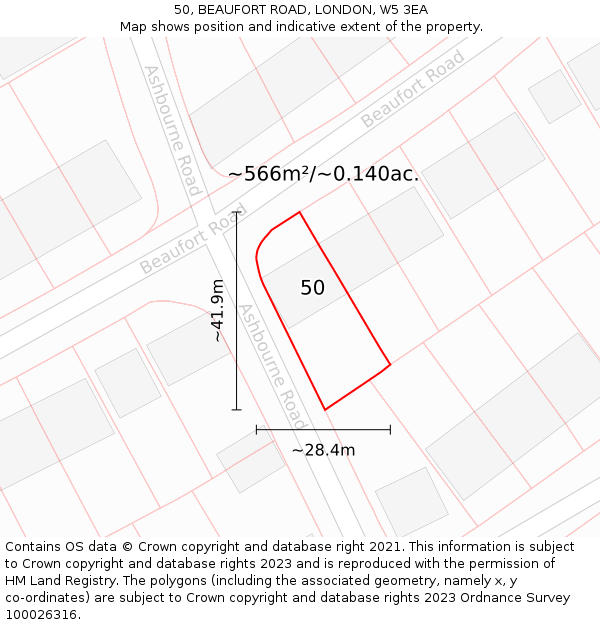 50, BEAUFORT ROAD, LONDON, W5 3EA: Plot and title map