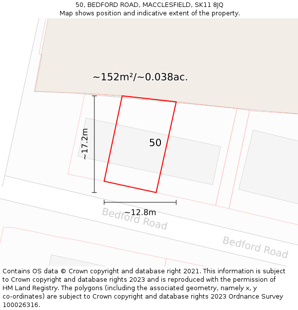 50, BEDFORD ROAD, MACCLESFIELD, SK11 8JQ: Plot and title map