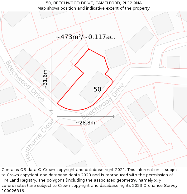 50, BEECHWOOD DRIVE, CAMELFORD, PL32 9NA: Plot and title map